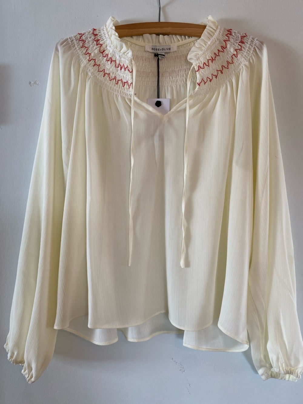 Rose & Olive Cream Blouse with Red Embroidered Yoke
